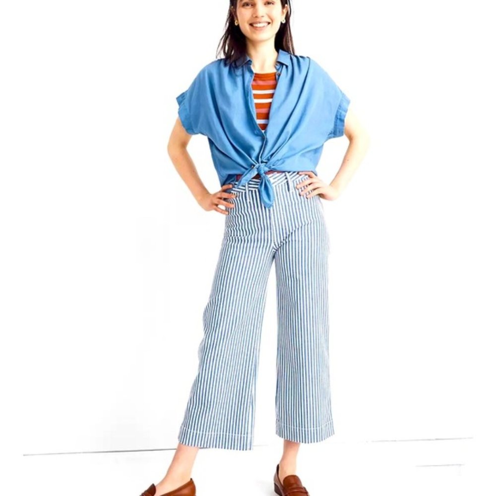JEANS: Madewell Wide Leg Cropped Pants High Waist Stretchy Emmett Style Striped